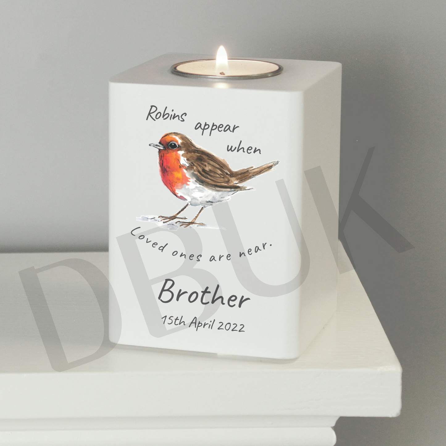 Personalised Robins Appear White Wooden Tea light Holder