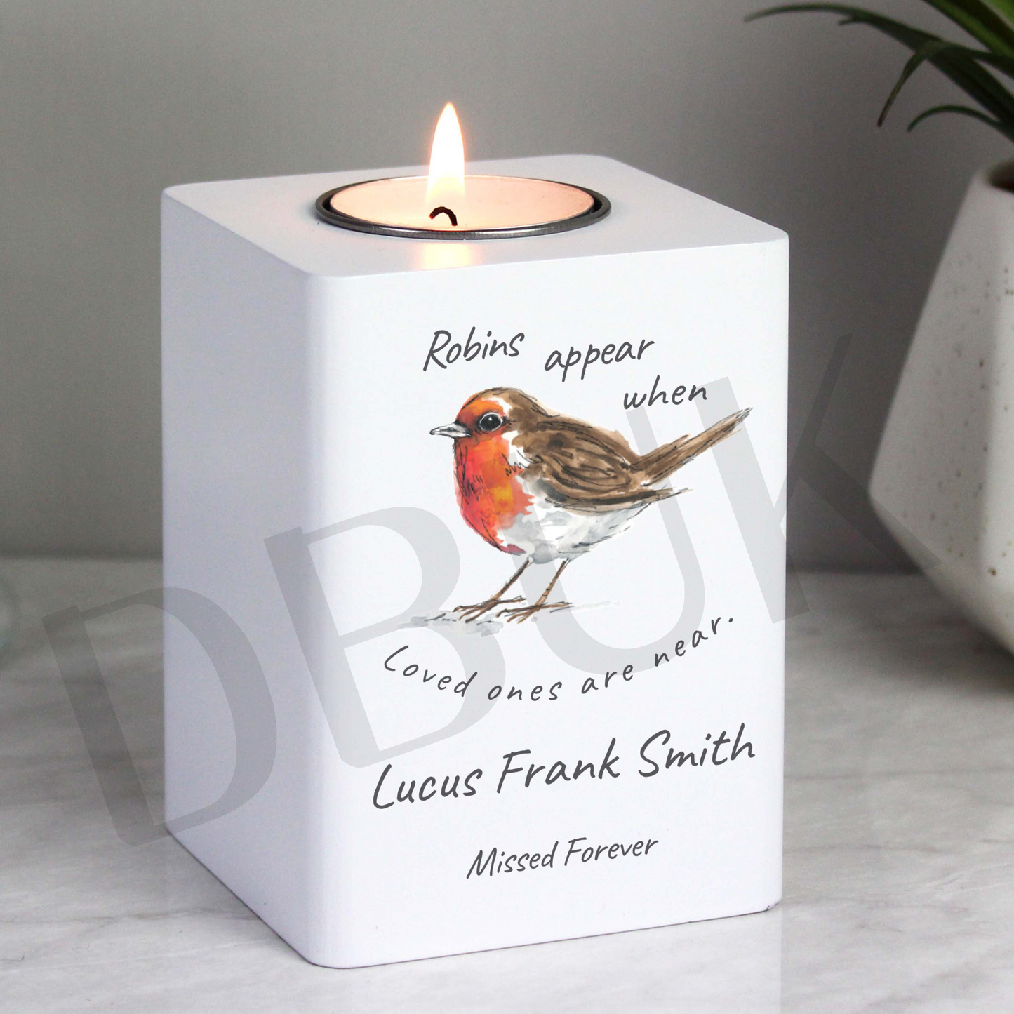 Personalised Robins Appear White Wooden Tea light Holder