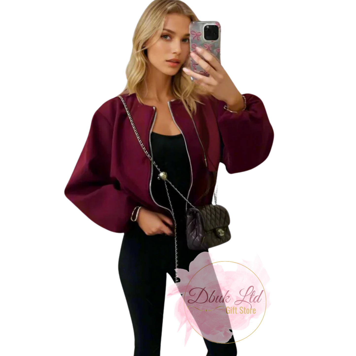 Stylish Zip Up Bomber Jacket - Burgundy