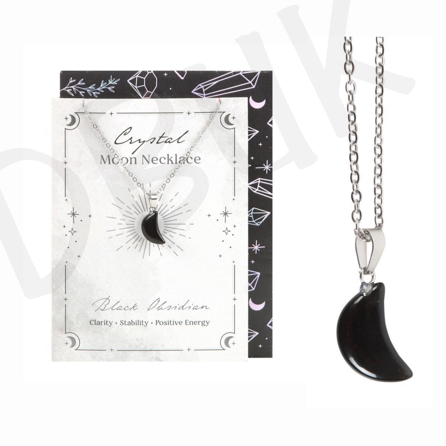 Black Obsidian Crystal Moon Necklace on Greeting Card
