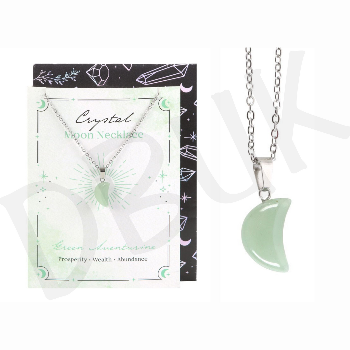 Green Aventurine Crystal Moon Necklace on Greeting Card