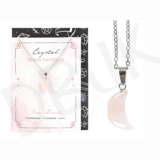 Rose Quartz Crystal Moon Necklace on Greeting Card