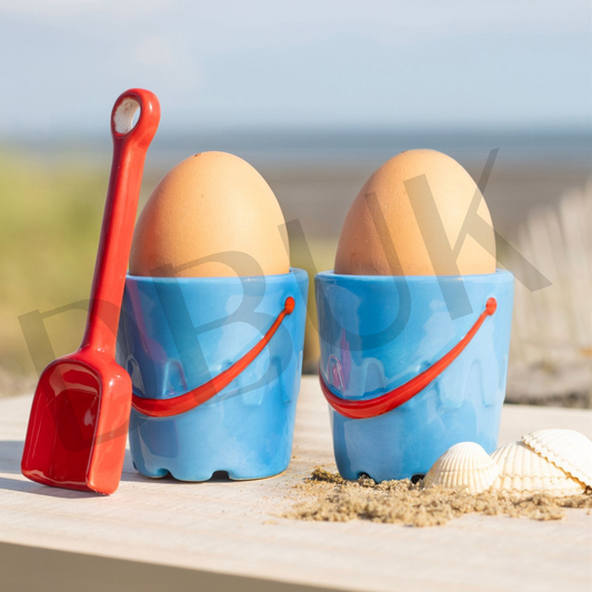 Set of 2 Bucket Shaped Ceramic Egg Cups with Spade Spoons