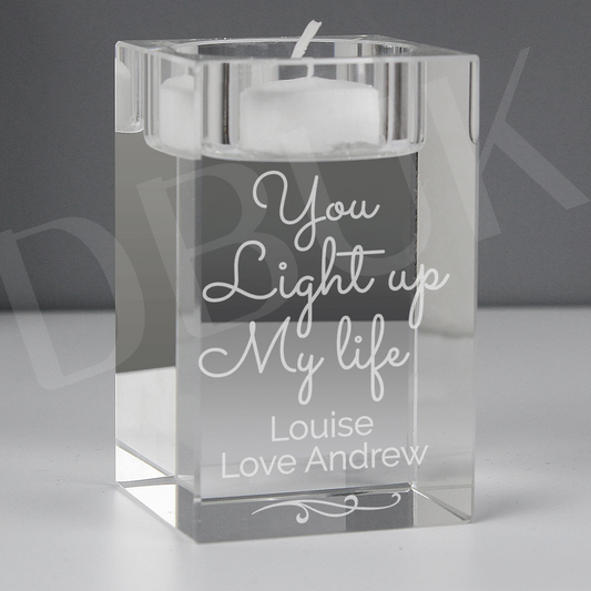 Personalised You Light Up My Life Glass Tea Light Holder