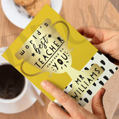 Personalised World's Best Teacher Trophy Greeting Card