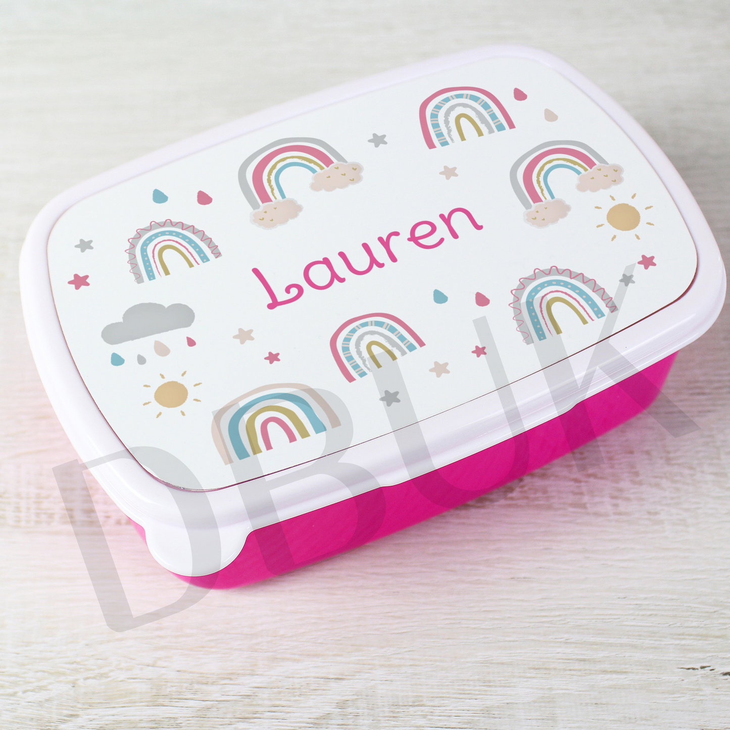 Personalised Rainbow Name Only Pink Lunch Box