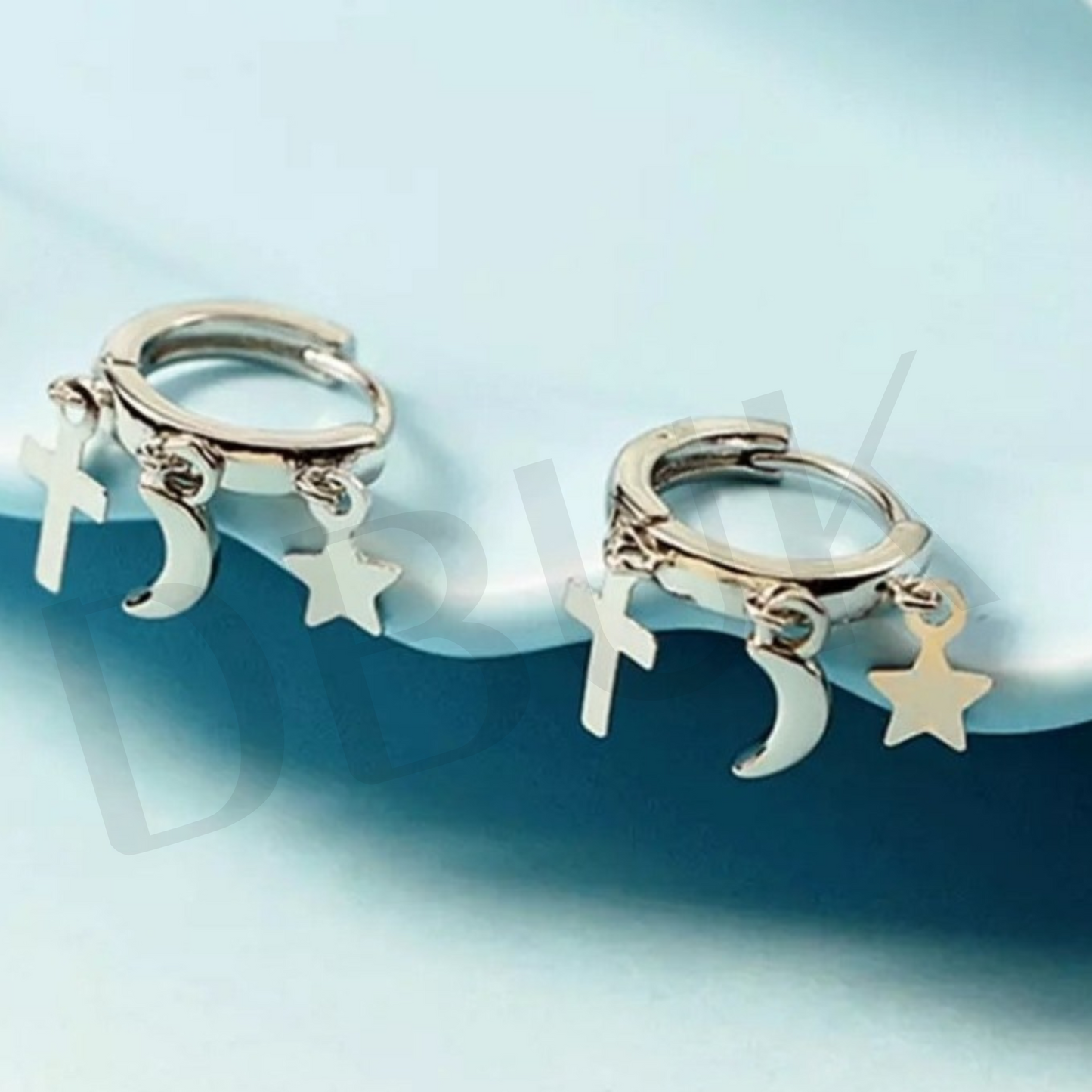 925 Sterling Silver Cross, Moon & Star Earrings