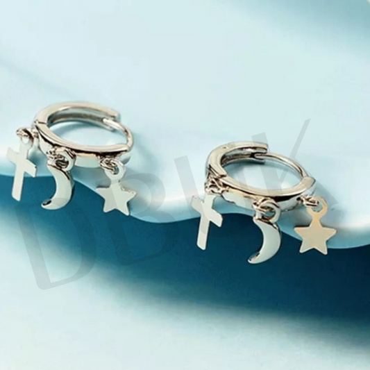 925 Sterling Silver Cross, Moon & Star Earrings