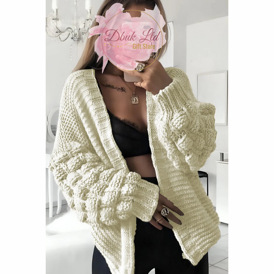 Stylish Knitted Bubble Sleeves Cardigan - Cream