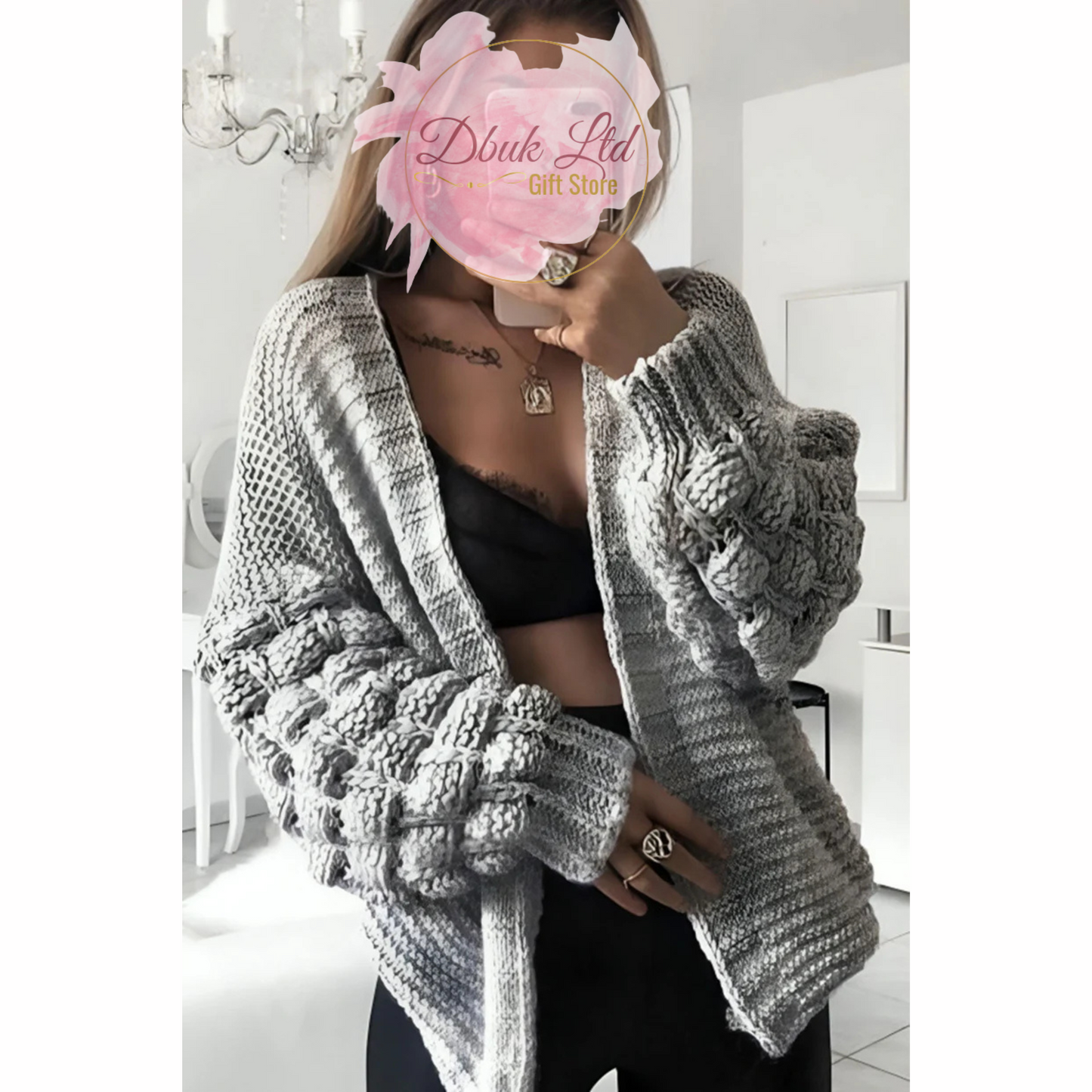 Stylish Knitted Bubble Sleeves Cardigan - Grey