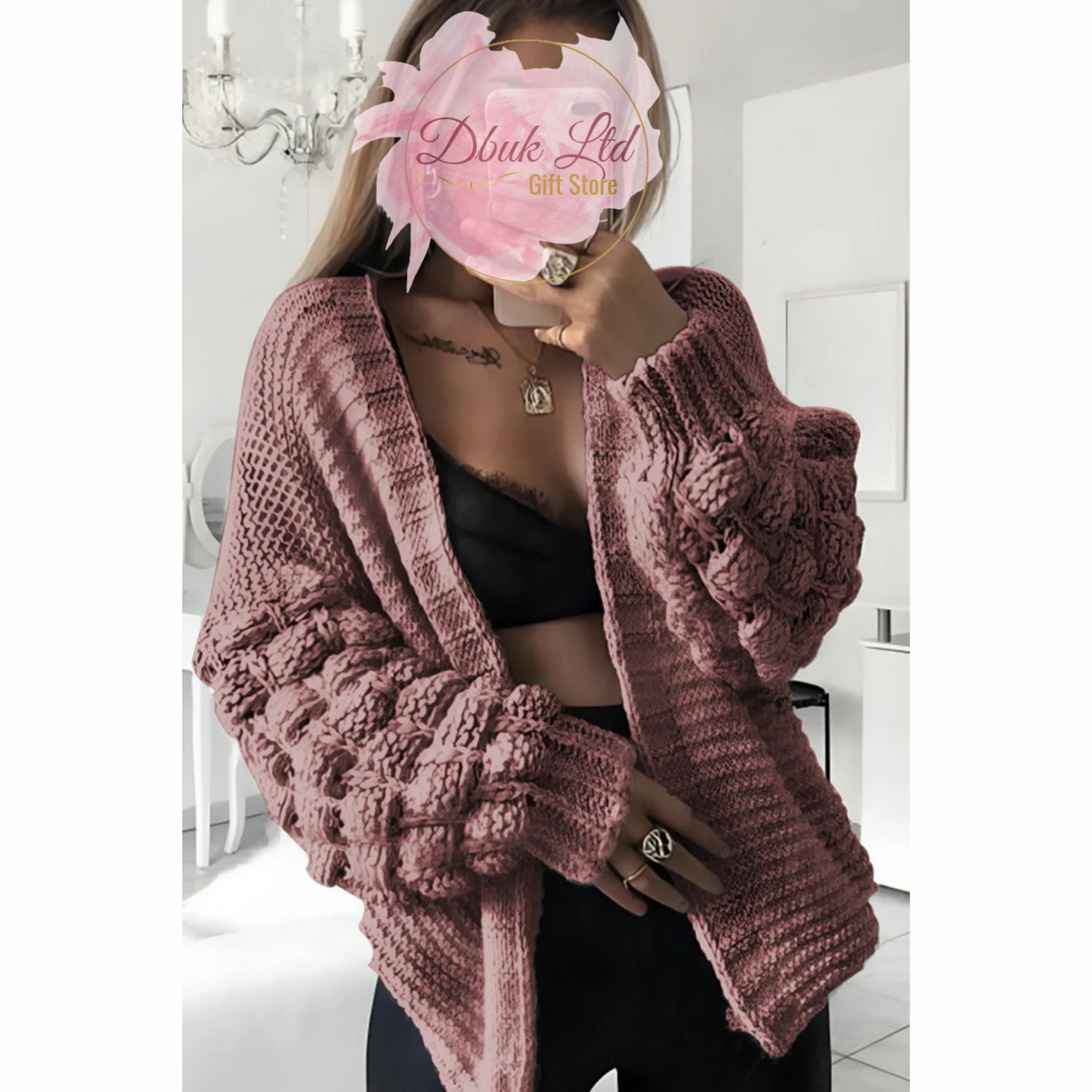 Stylish Knitted Bubble Sleeves Cardigan - Dusty Pink