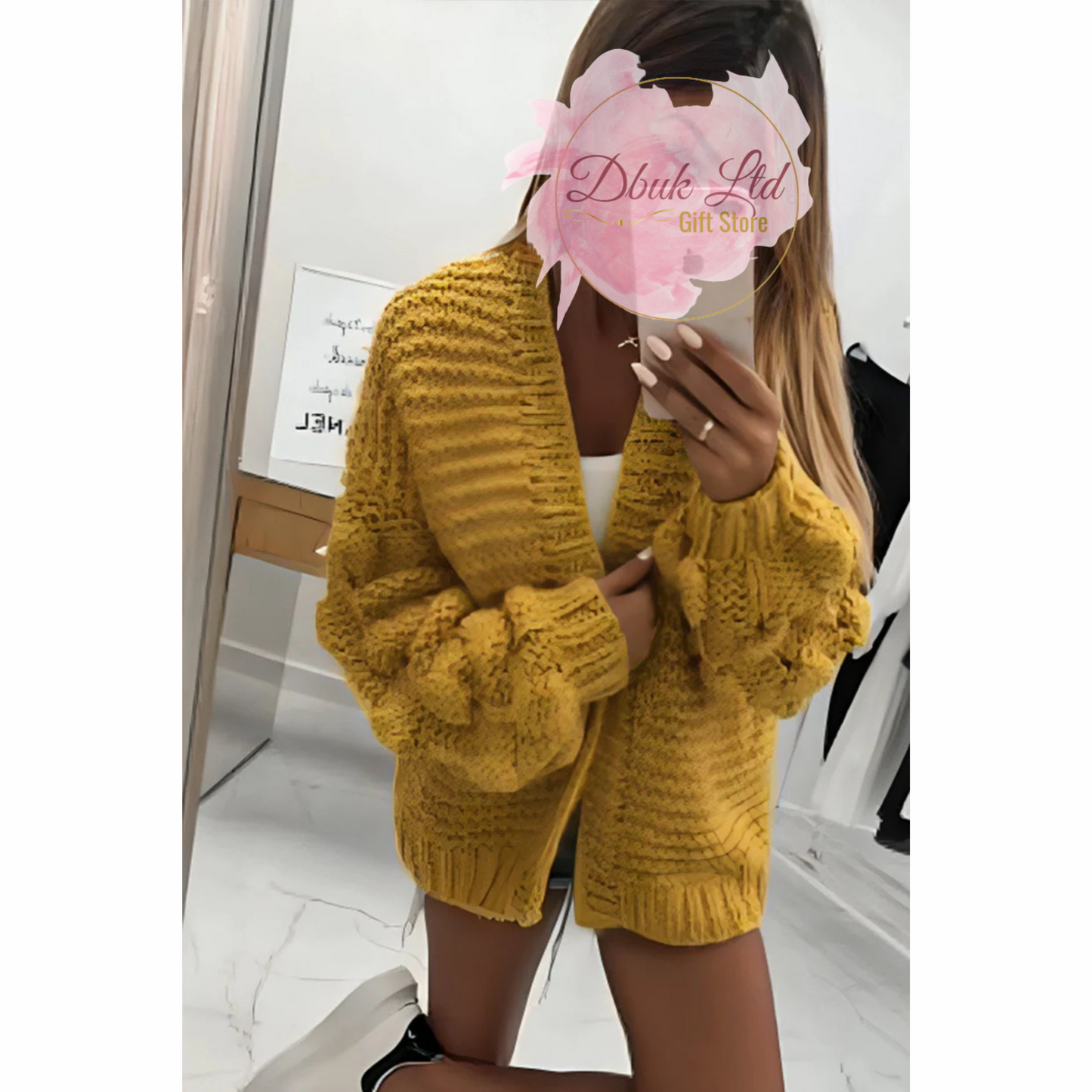 Stylish Knitted Bubble Sleeves Cardigan - Mustard