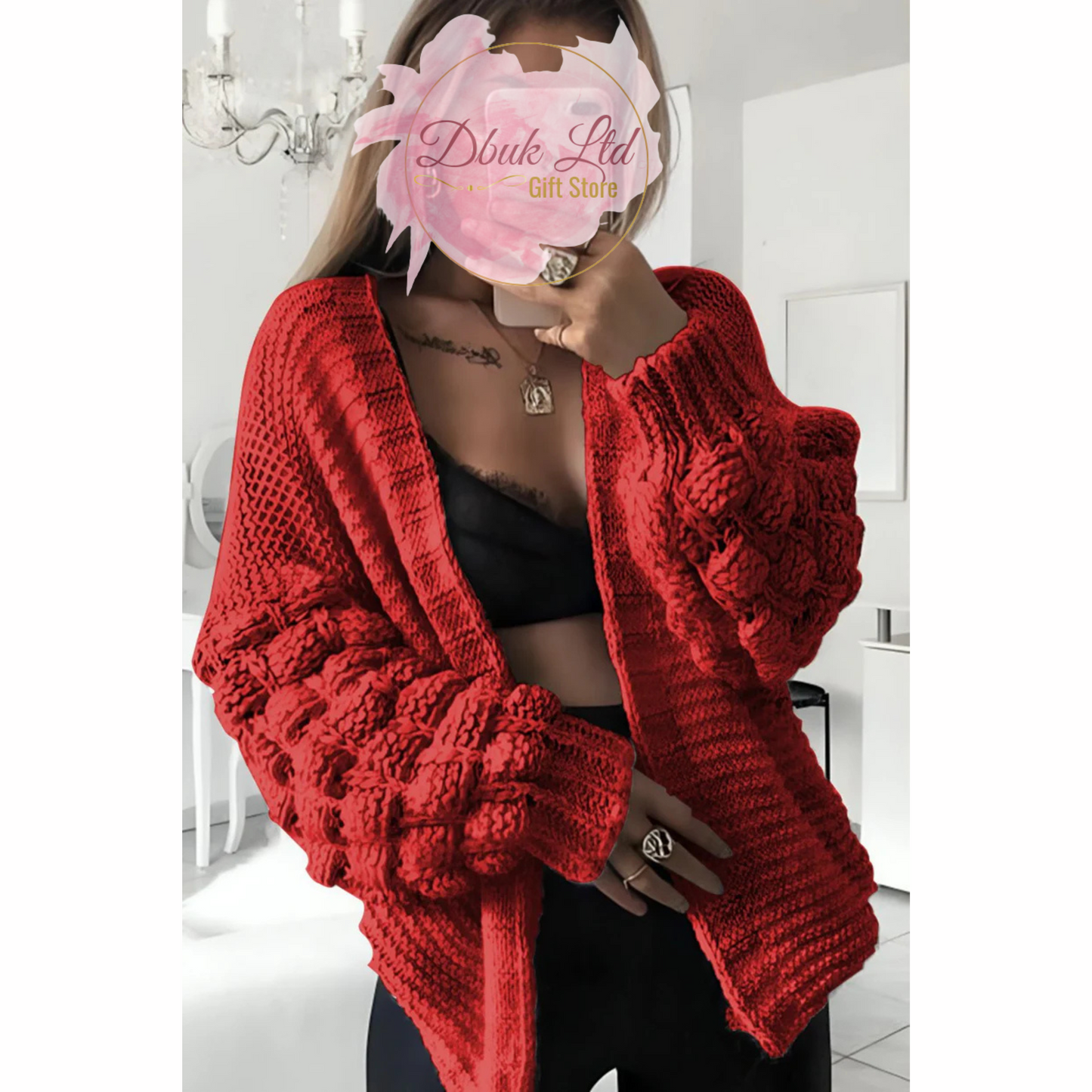 Stylish Knitted Bubble Sleeves Cardigan - Red