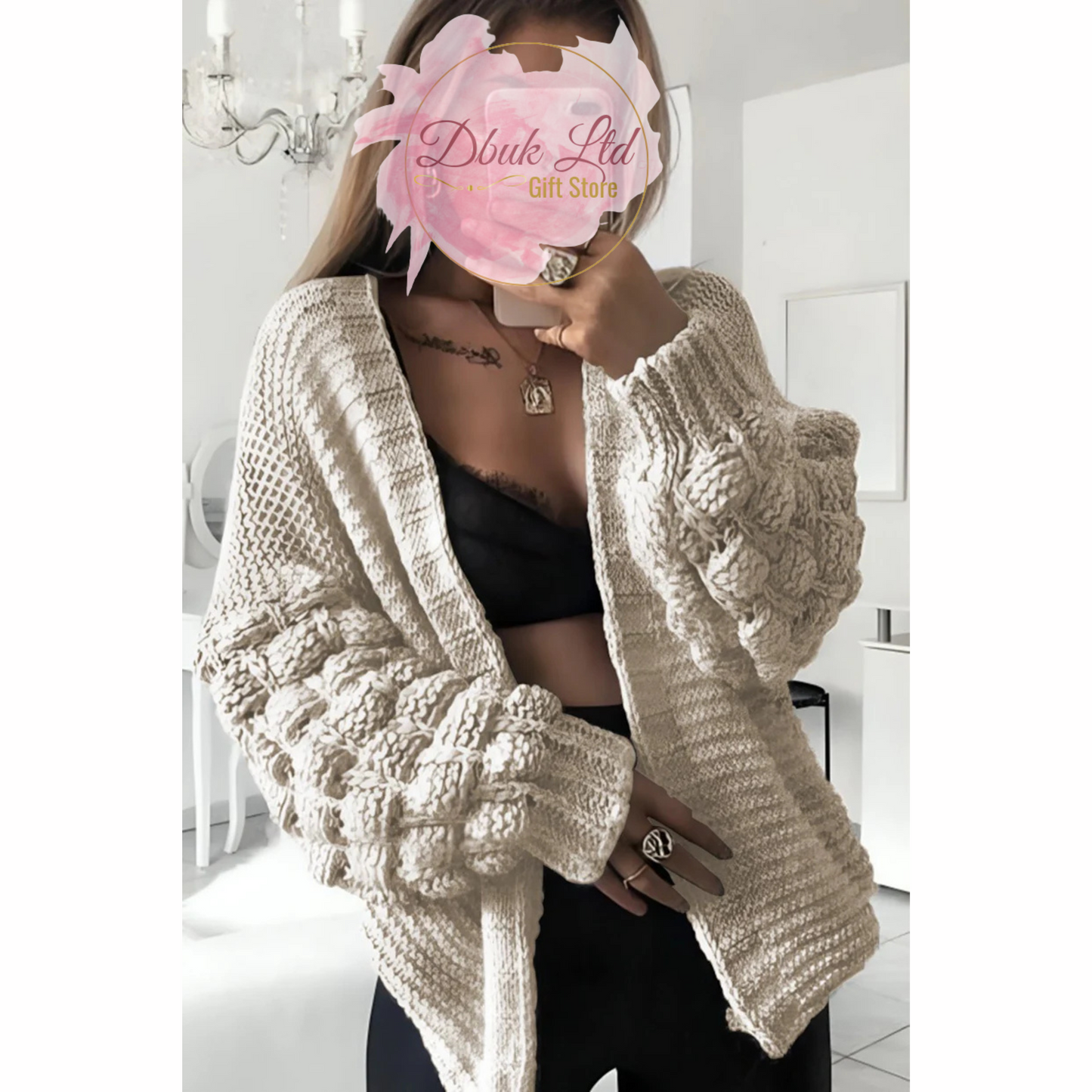 Stylish Knitted Bubble Sleeves Cardigan - Beige