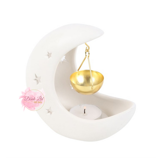 White Crescent Moon Hanging Oil Burner with Gold Dish