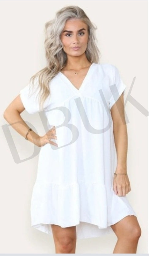 Tiered Smock Dress - White/Cream