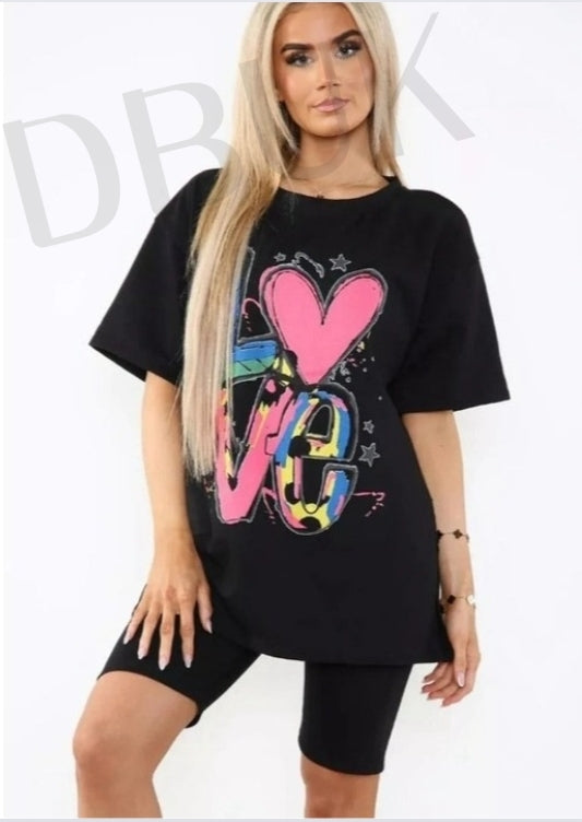 Love Side Slit Shorts & T-shirt Set - Black