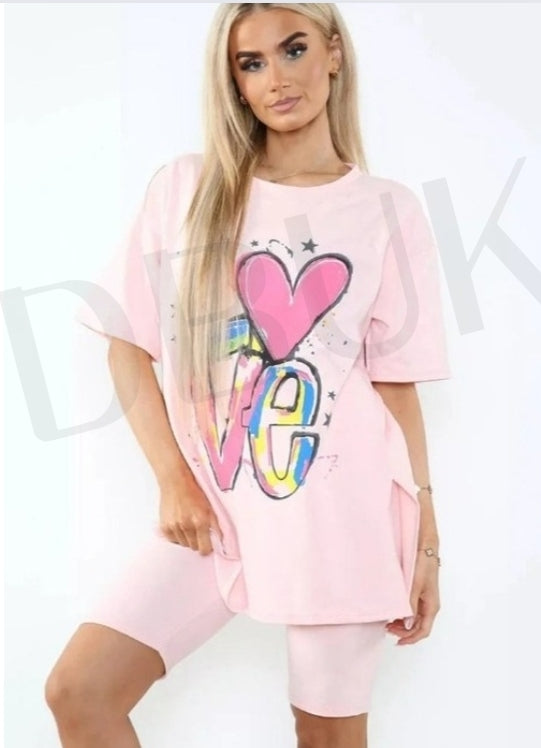 Love Side Slit Shorts & T-shirt Set - Pink