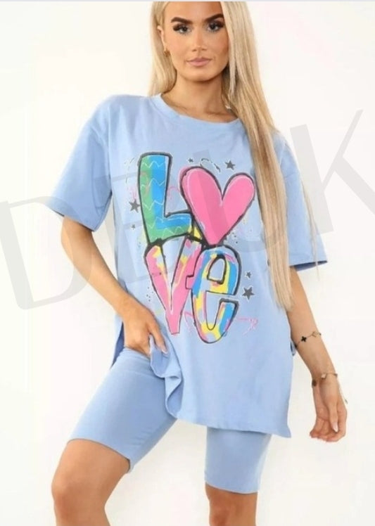 Love Side Slit Shorts & T-shirt Set - Sky Blue