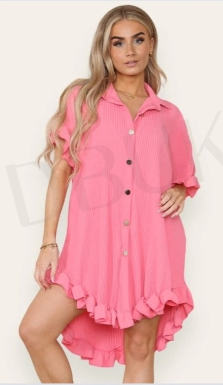 Oversized Italian Pleated Dress - Coral