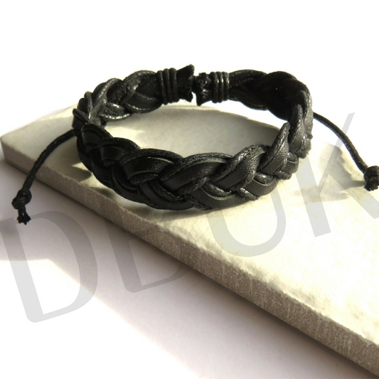 Mens Black Pleated Leather Bracelet