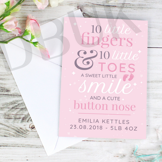 Personalised '10 Little Fingers' Pink Baby Card