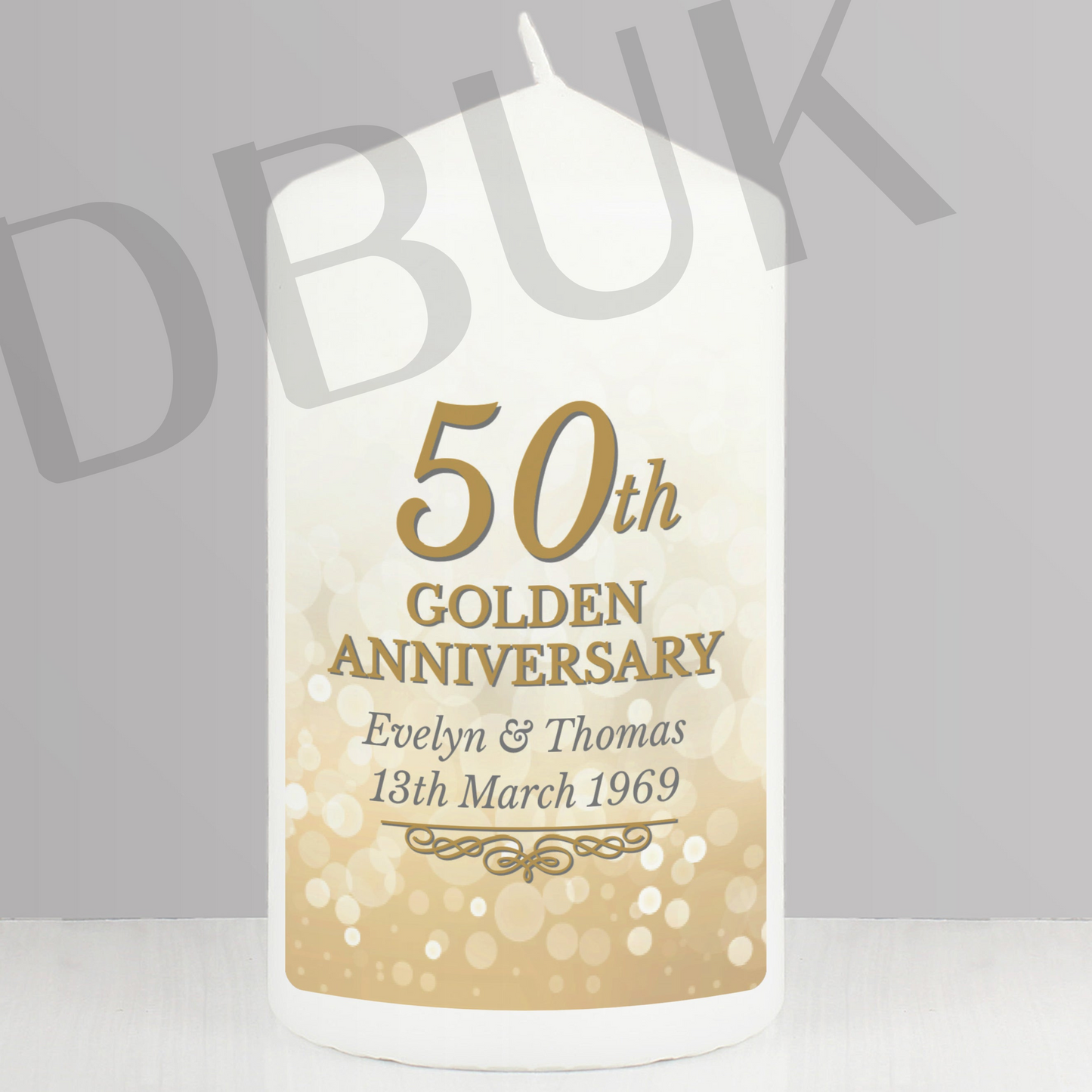 Personalised 50th Golden Anniversary Pillar Candle