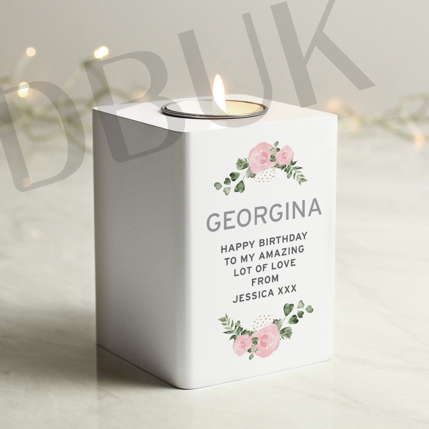 Personalised Abstract Rose White Wooden Tea light Holder