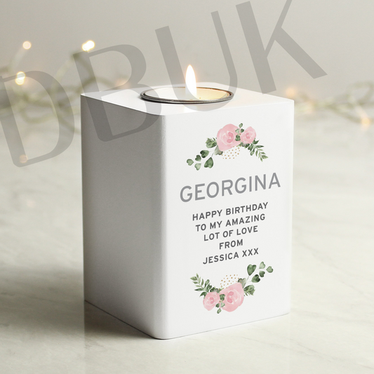 Personalised Abstract Rose White Wooden Tea light Holder