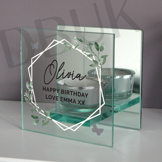 Personalised Botanical Mirrored Glass Tea Light Candle Holder