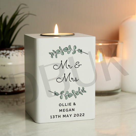 Personalised Botanical White Wooden Tea light Holder