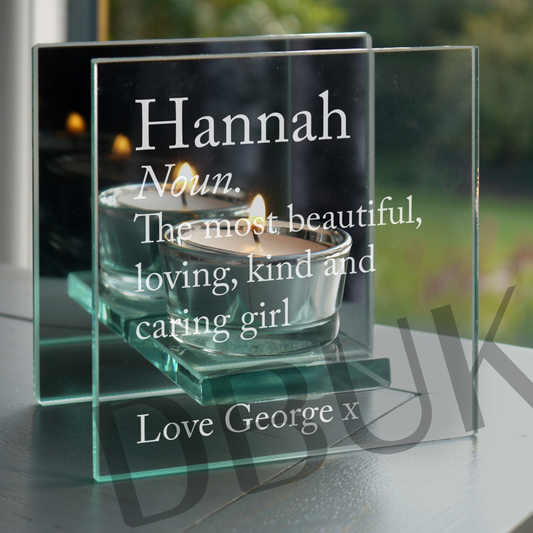 Personalised Definition Mirrored Glass Tea Light Candle Holder