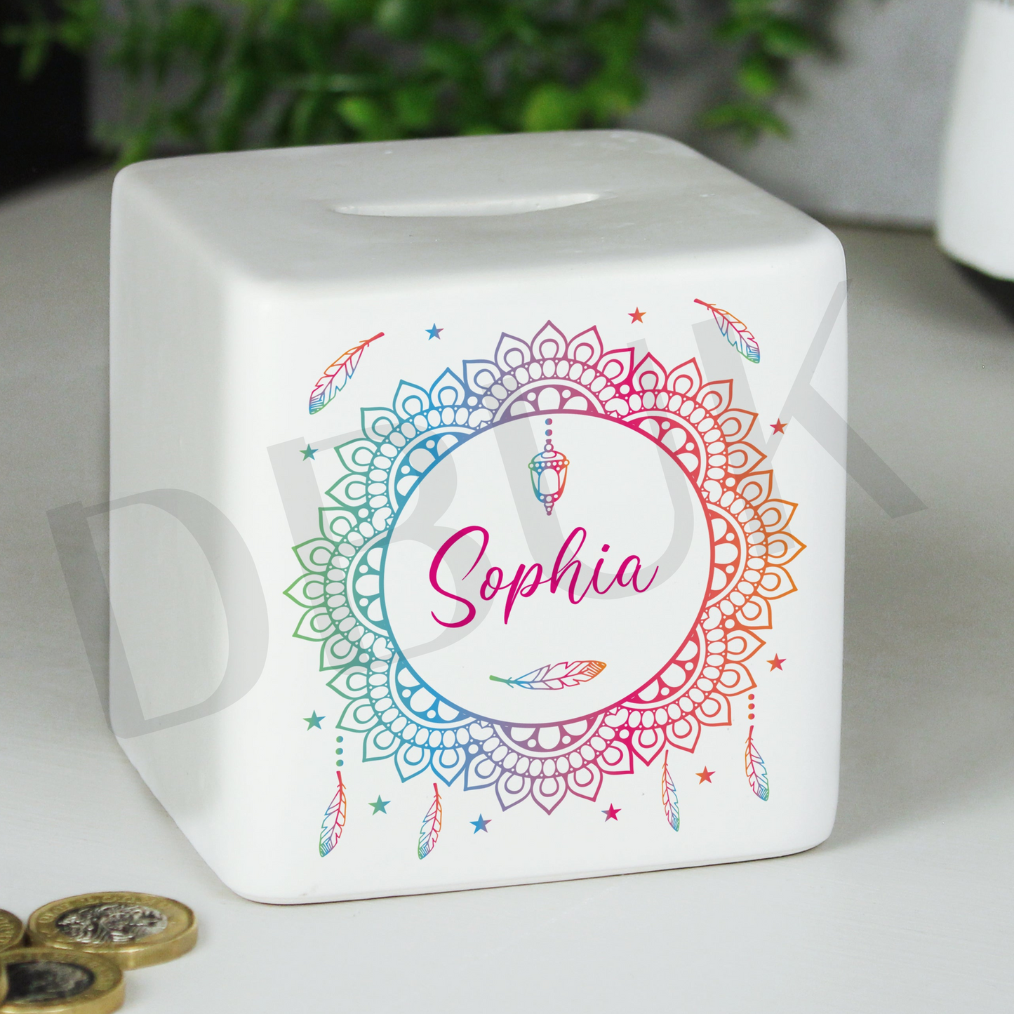 Personalised Dreamcatcher Ceramic Square Money Box