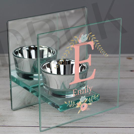 Personalised Floral Bouquet Mirrored Glass Tea Light Candle Holder