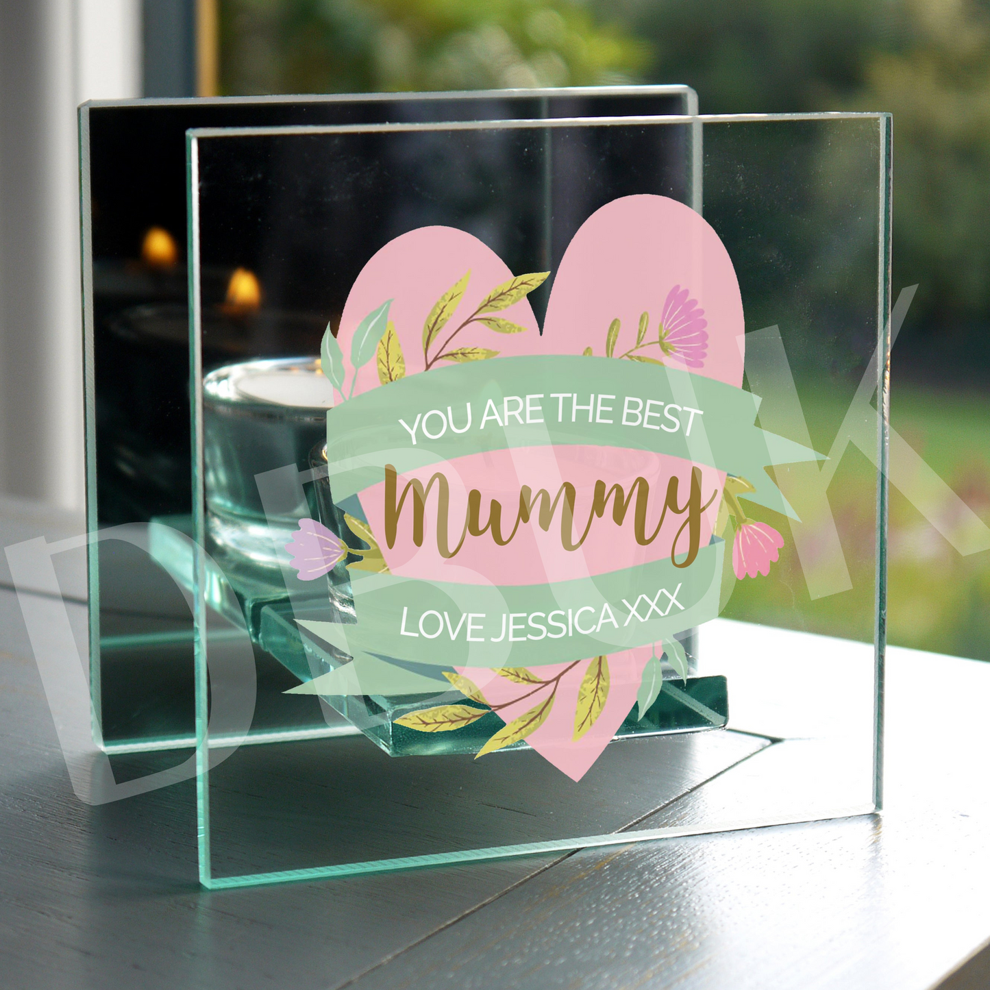 Personalised Floral Heart Mothers Day Mirrored Glass Tea Light Holder
