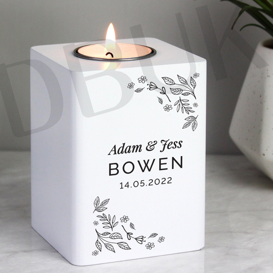 Personalised Floral Leaf White Wooden Tea Light Holder