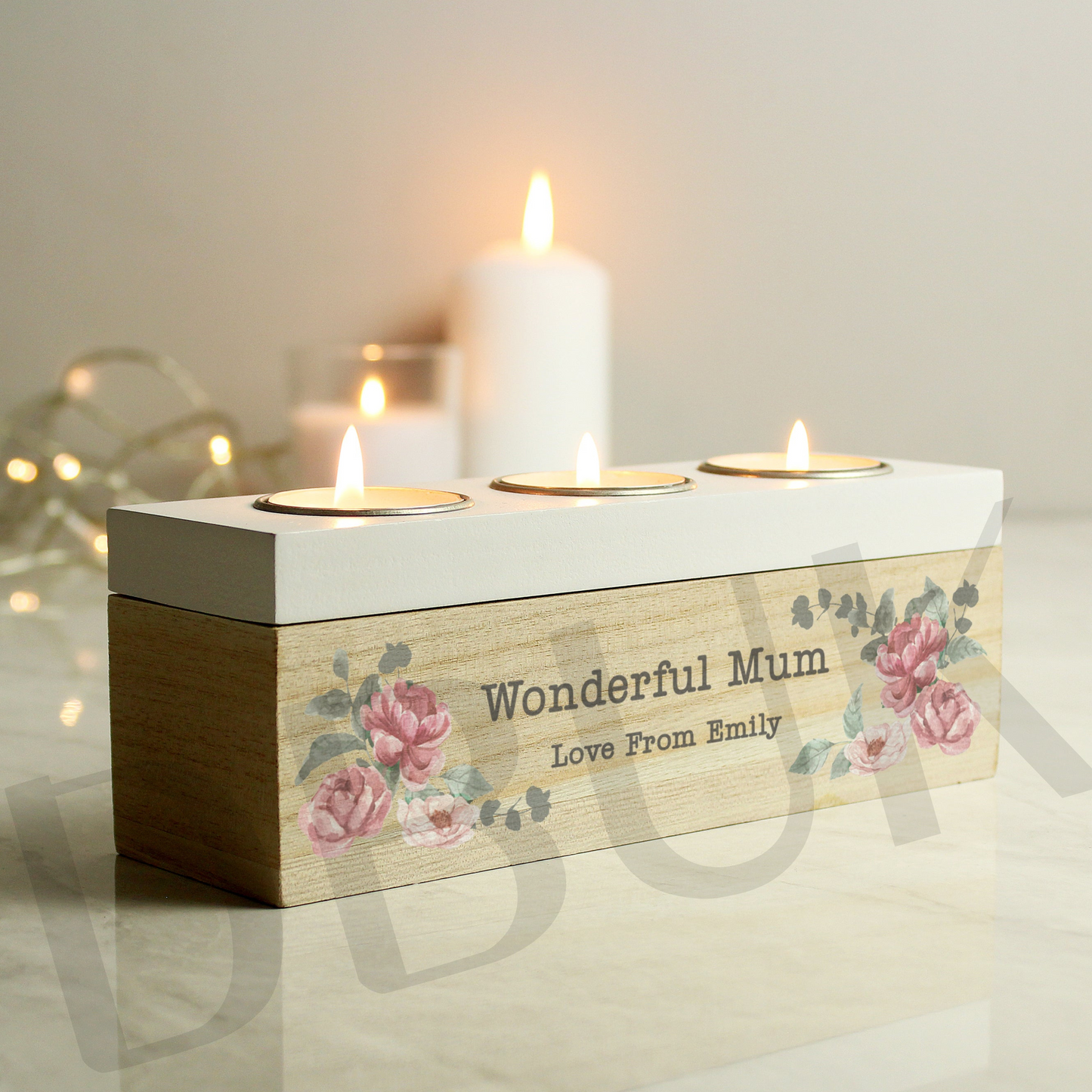 Personalised Floral Watercolour Triple Tealight Box