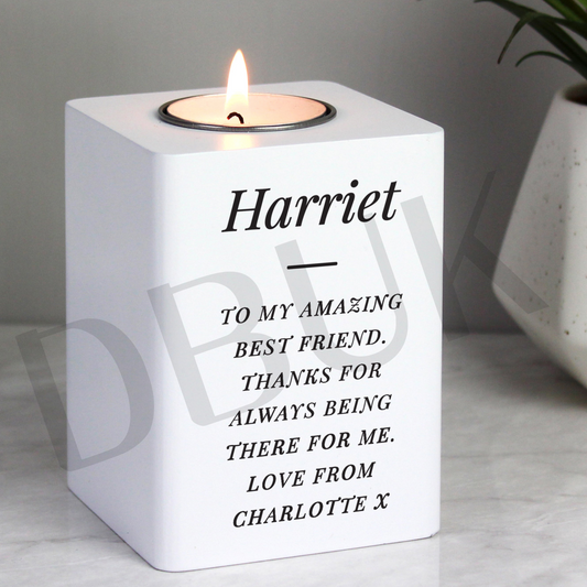 Personalised Free Text White Wooden Tea light Holder