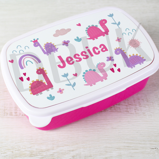 Personalised Girly Dinosaurs Name Only Pink Lunch Box