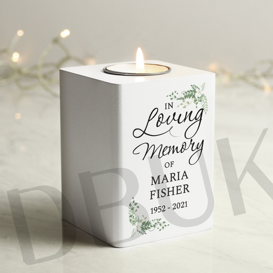 Personalised In Loving Memory White Wooden Tea light Holder