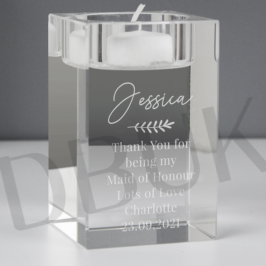 Personalised Leaf Free Text Glass Tea Light Holder