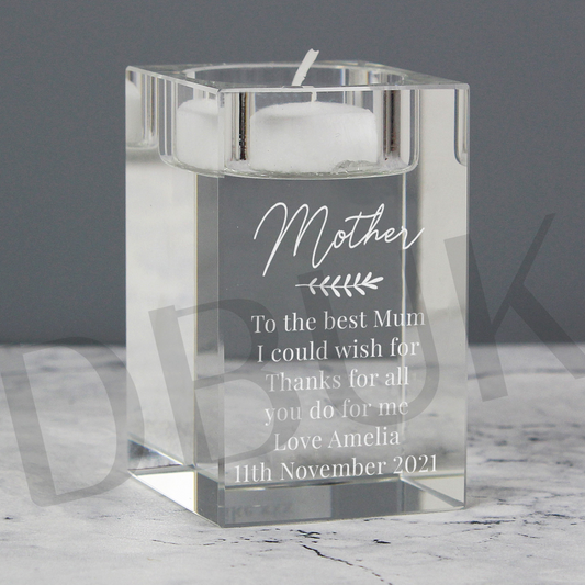 Personalised Leaf Free Text Glass Tea Light Holder