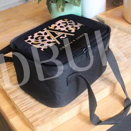 Personalised Leopard Print Black Lunch Bag