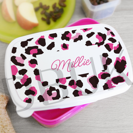 Personalised Leopard Print Name Only Pink Lunch Box