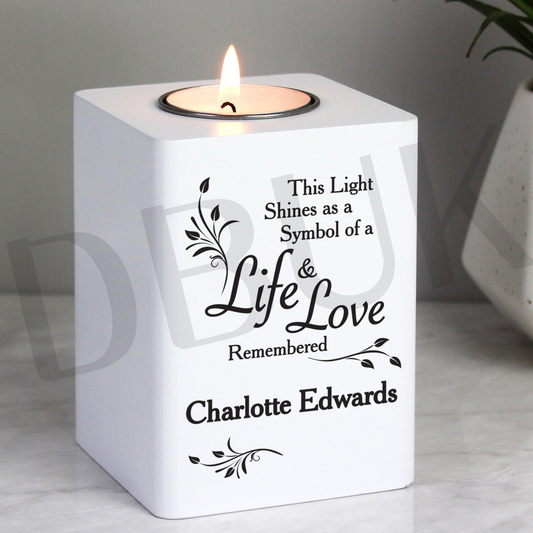 Personalised Life & Love White Wooden Tea Light Holder