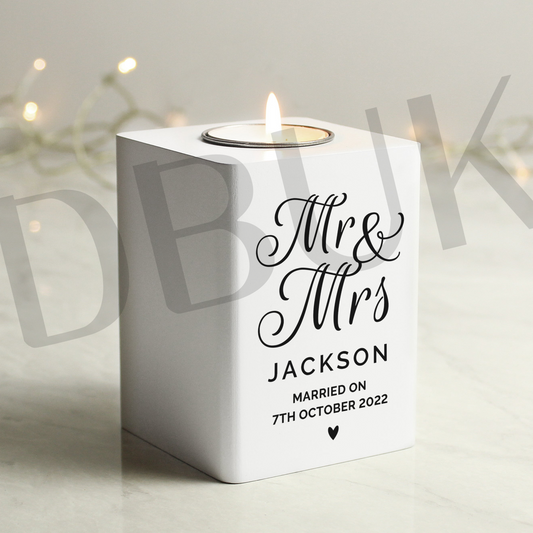 Personalised Mr & Mrs White Wooden Tea light Holder