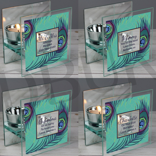 Personalised Peacock Mirrored Glass Tea Light Candle Holder
