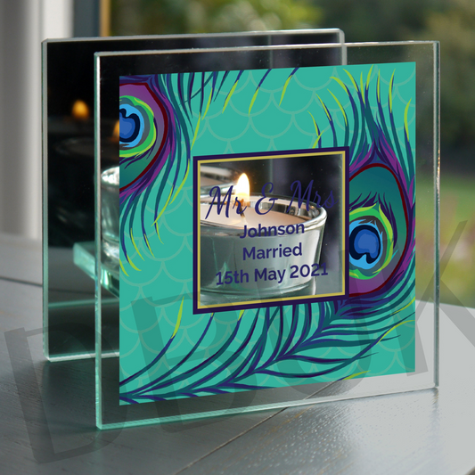 Personalised Peacock Mirrored Glass Tea Light Candle Holder