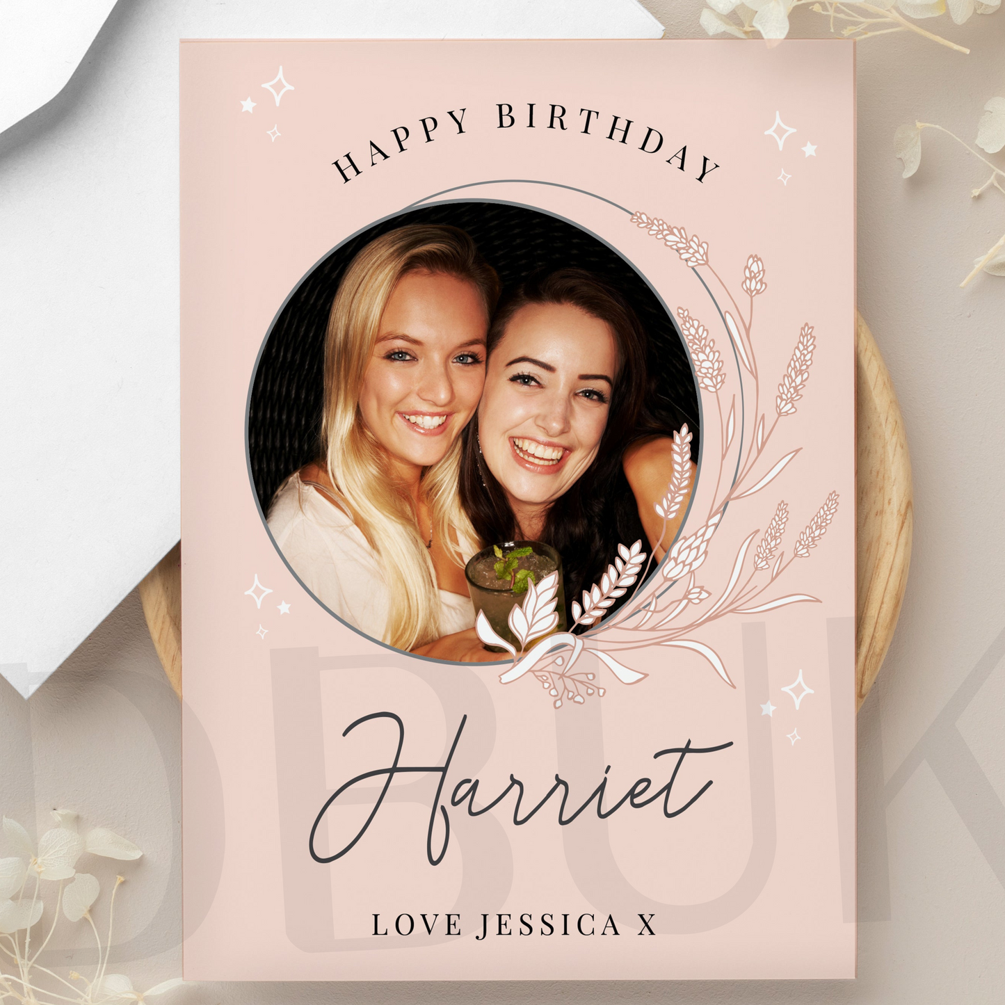 Personalised Pink Wreath Photo Upload Greeting Card
