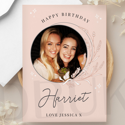 Personalised Pink Wreath Photo Upload Greeting Card